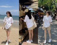 áo thun form rộng, quần short kaki và sneaker trắng.jpg